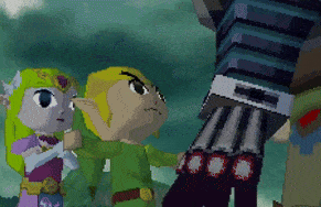 a pixelated image of zelda and link standing next to a tower