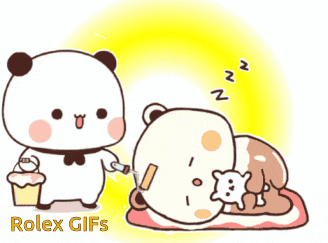 a cartoon of a panda holding a cake next to a panda sleeping on a blanket