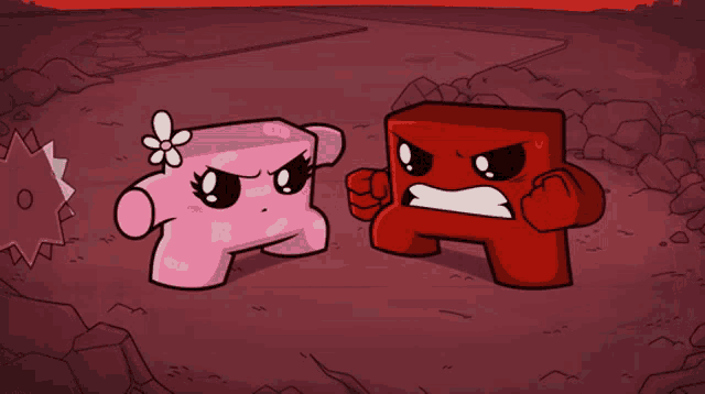 a pink block with a flower on her head and a red block with an angry face