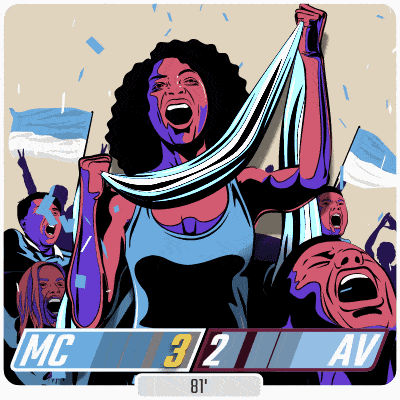a cartoon drawing of a woman holding a scarf with the score of 32 to av