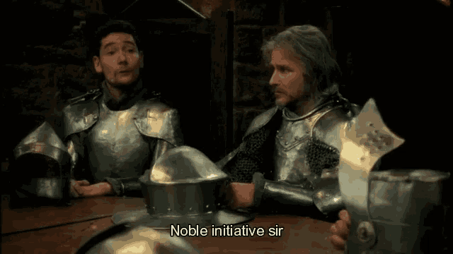 two men in armor are sitting at a table with noble initiative sir written on the screen