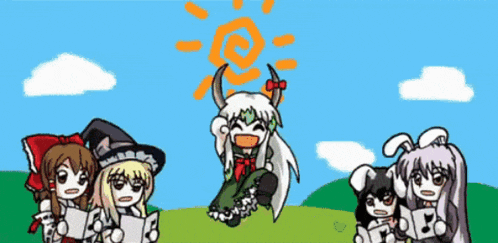 a group of anime characters are singing in a field