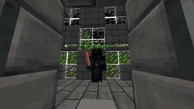 a man in a minecraft video game is holding a green lightsaber .