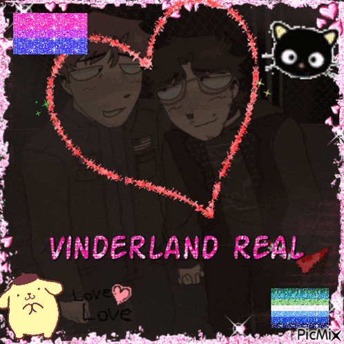 a picture of a couple with the words " vinderland real " in pink letters