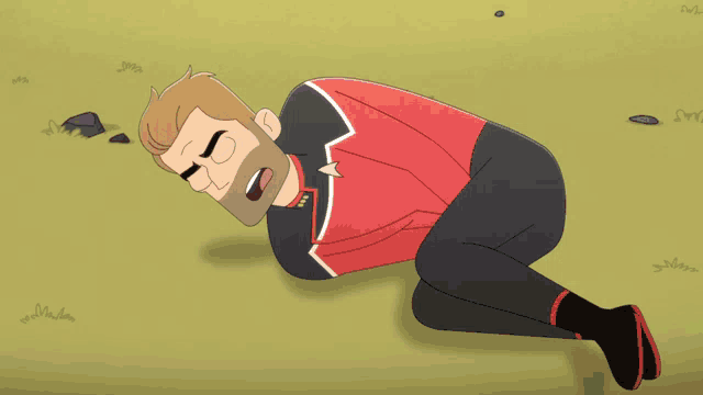a cartoon of a man laying on the ground with a fire coming out of his mouth