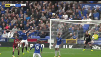 a soccer player with the number 18 on his back jumps to catch a ball