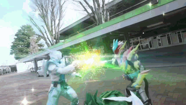 a man in a white suit is fighting another man in a green suit .