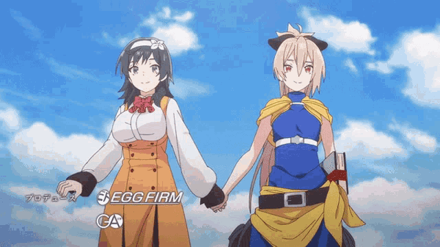 two anime girls holding hands with the words egg firm on the bottom right