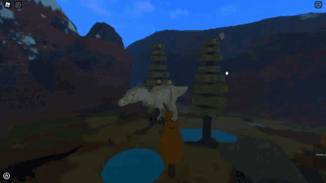 a screenshot of a video game shows a person standing next to a white dragon