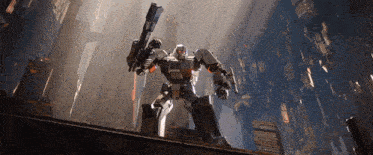 a robot is holding a gun and has the letters tc on it