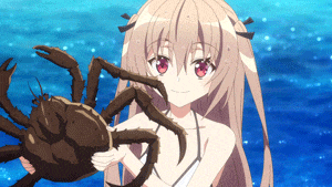 a girl in a bikini is holding a crab