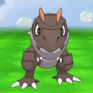 a cartoon character with horns is standing in a grassy field