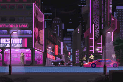 a pixel art of a city at night with a sign that says offworld law