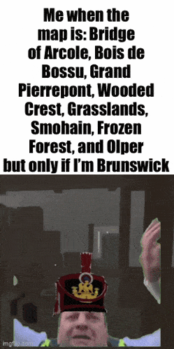 a man wearing a hat with the words " me when the map is bridge of arcole "
