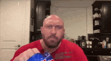 a bald man with a beard is eating a bag of potato chips in a kitchen .