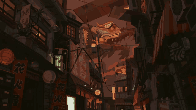 a pixel art drawing of a narrow alleyway with a dragon flying overhead