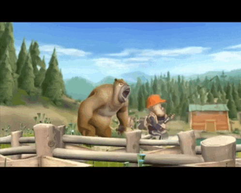 a bear is standing on a wooden fence while a man stands behind it