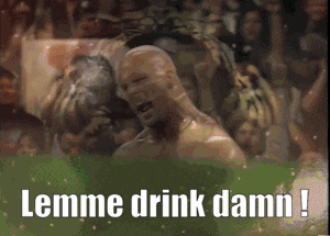a man in a crowd with the words " lemme drink damn " above him