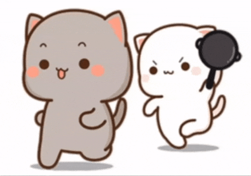 two cartoon cats are standing next to each other on a white background . one of the cats is holding a pan .