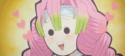 a close up of a cartoon girl with pink hair and hearts coming out of her eyes .