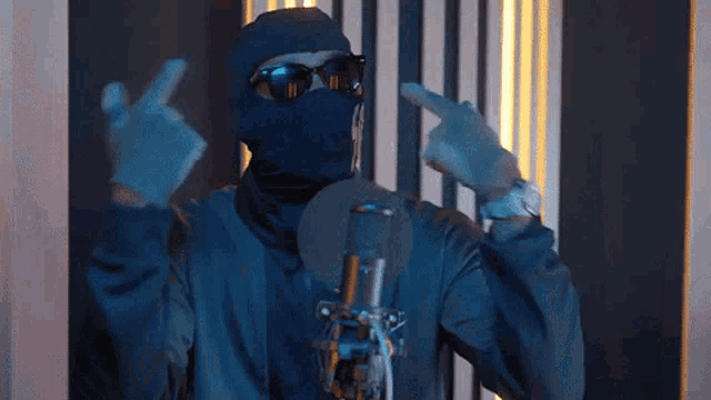 a man wearing a ski mask and sunglasses is standing in front of a microphone and giving the middle finger .