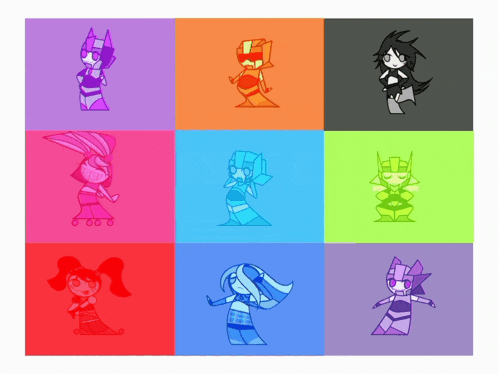 a bunch of cartoon characters are lined up on a white background