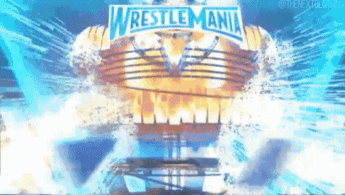 a wrestlemania logo is displayed on a stage with a fire coming out of it .
