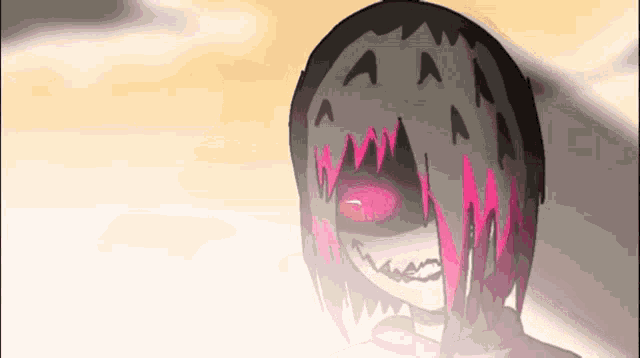 a cartoon character with pink hair and red eyes is standing in front of a white background .