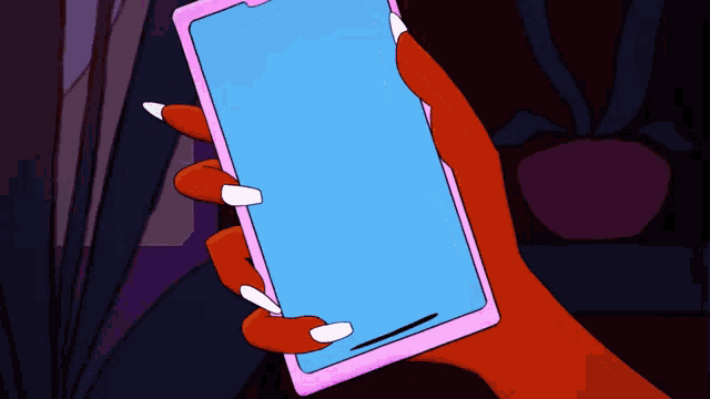 a hand with long red nails is holding a pink cell phone