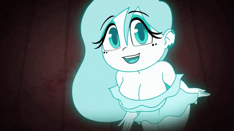 a cartoon drawing of a girl with blue hair and big eyes