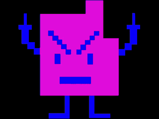 a purple block with blue arms and legs has a very angry face
