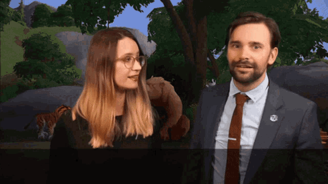 a man in a suit and tie is talking to a woman in glasses