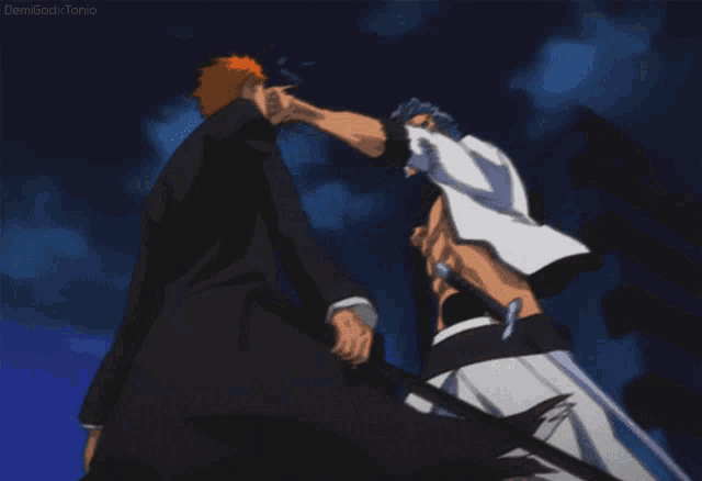 a man in a black coat is fighting another man in white