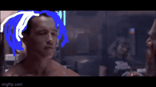 a man with blue hair is looking at another man with a black shirt on