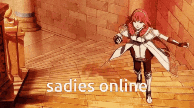 a cartoon of a girl running down stairs with the words sadies online