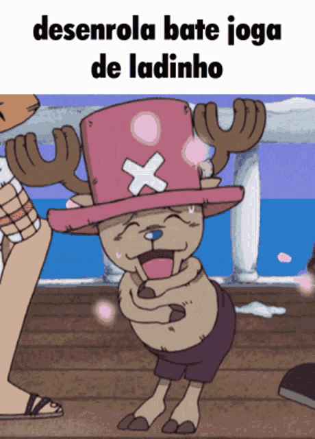 a cartoon of a deer wearing a pink hat with an x on it says desenrola bate joga de ladinho