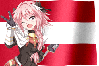 a girl with pink hair giving a peace sign in front of a flag