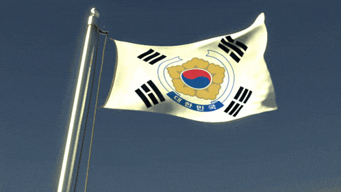 a korean flag flies in the wind against a blue sky