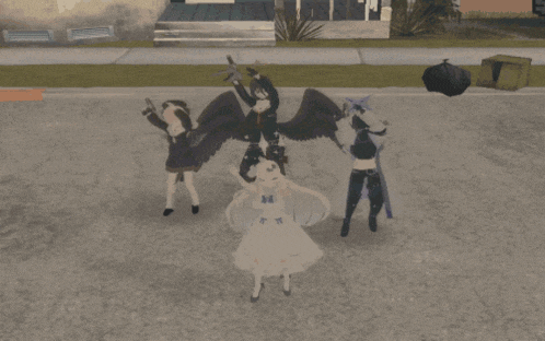 a group of anime characters are standing on a street