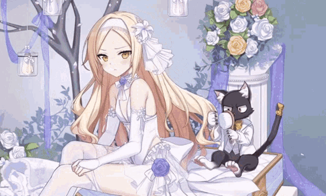 a girl in a white dress is sitting next to a black cat