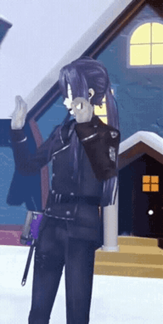 a cartoon character with purple hair is standing in front of a building