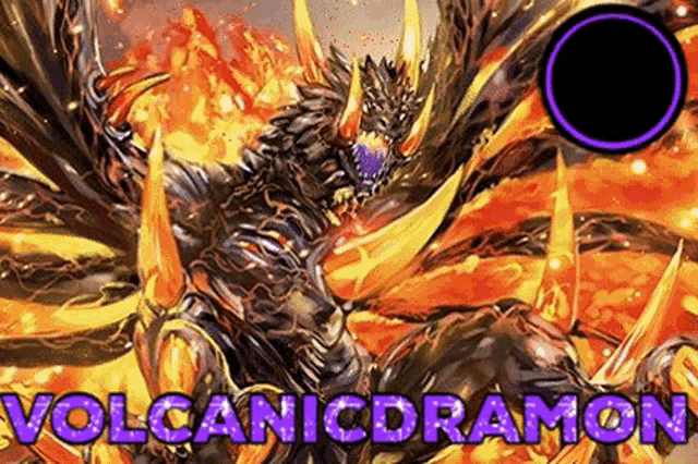 a picture of a dragon with horns and fire coming out of its mouth with the words volcanicdragon written on it .