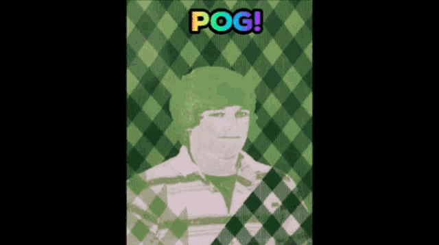 a man in a plaid shirt and hat is standing in front of a green checkered background .
