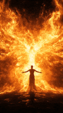 a silhouette of a woman standing in front of a huge fire
