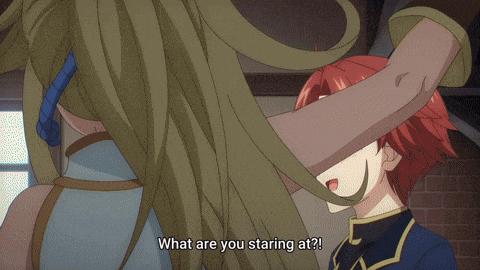 a cartoon character says " what are you staring at " in front of another character