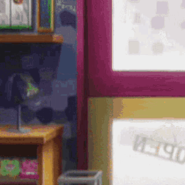 a blurred image of a room with a purple window and a sign that says " beer "