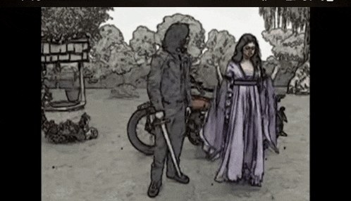 a drawing of a man holding a sword and a woman in a purple dress .