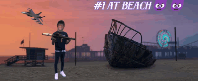 a man holding a gun on a beach with # 1 at beach written on the bottom