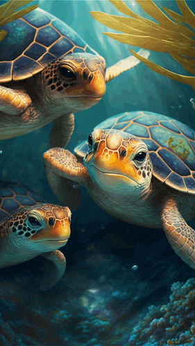 three sea turtles are swimming in the ocean and looking at the camera