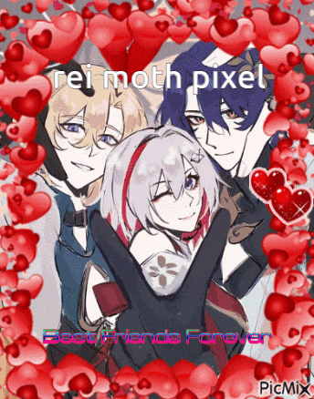 a picture of three anime characters surrounded by red hearts with the words " best friends forever " on the bottom